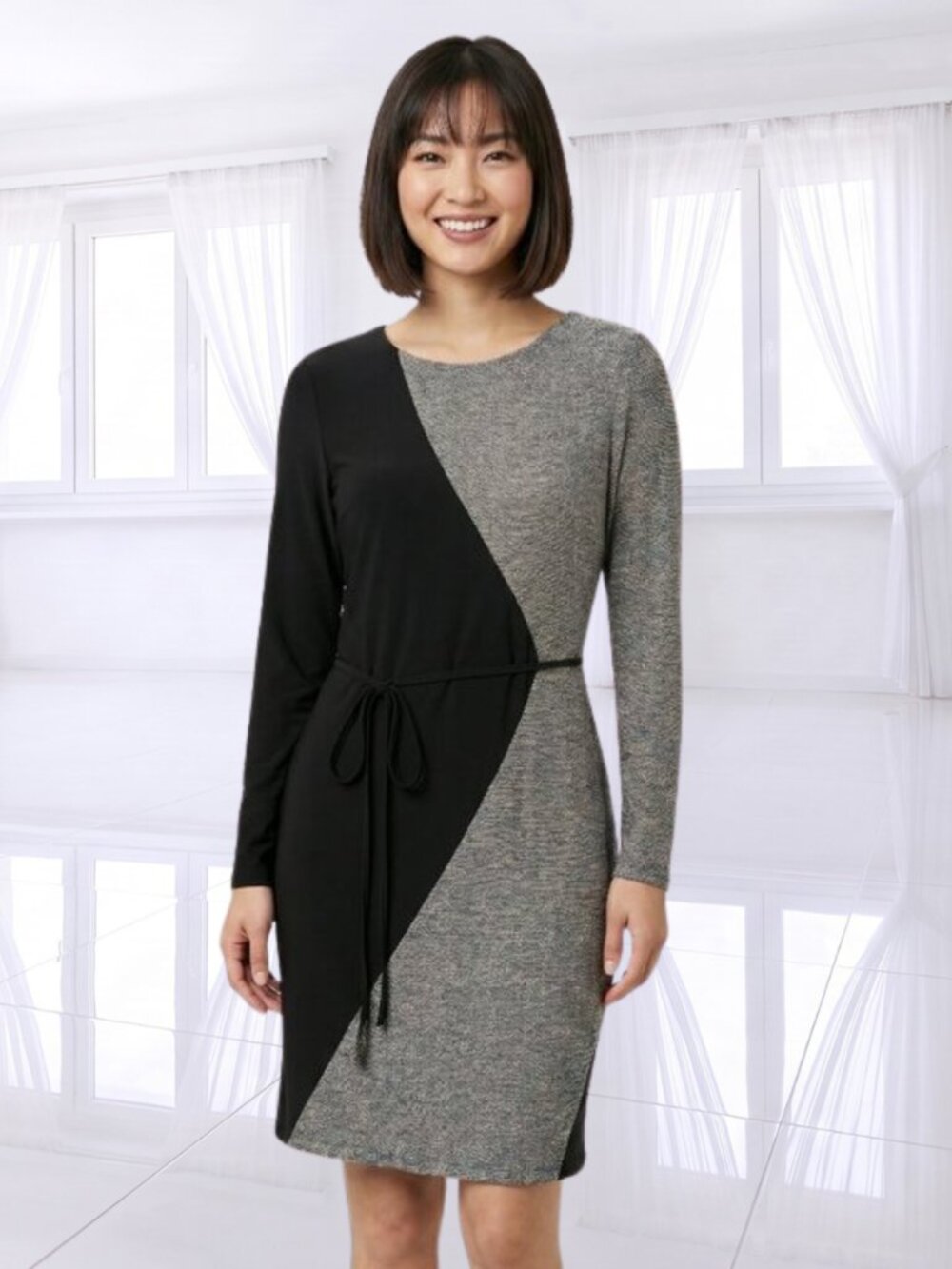 Sandra Darren Black Grey Diagonal Colorblock Long Sleeve Belted Dress Size 12